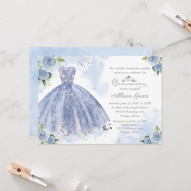 Quinceanera Invitation Argent Léger Bleu Gown (Devant/Arrière en situation)