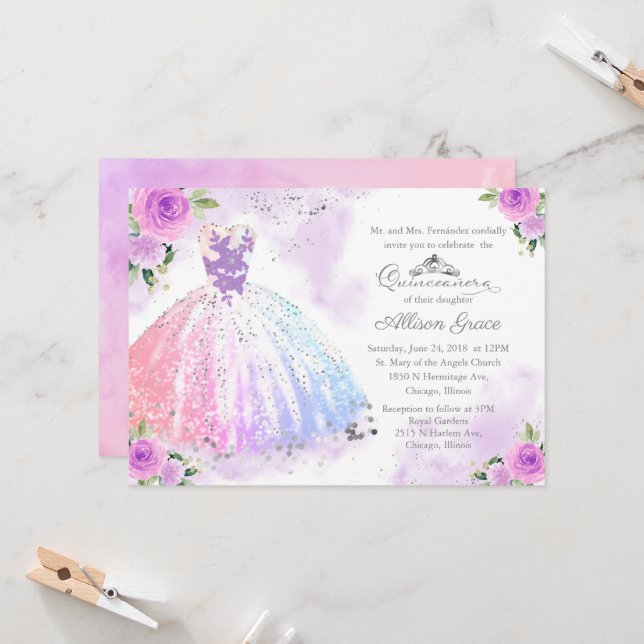 Quinceanera Invitation Argent Pastel Couleur Gown (Devant/Arrière en situation)