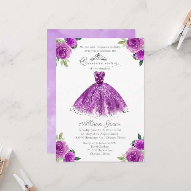 Quinceanera Invitation Argent Purple Floral Gown (Devant/Arrière en situation)