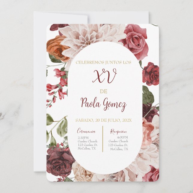Quinceanera invitation avec fleurs colorées (Devant)