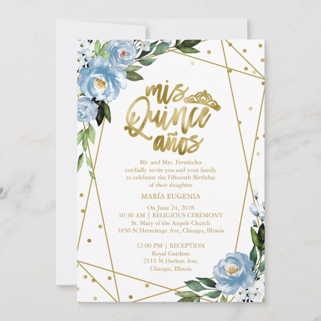 Quinceanera Invitation Bilingue Bleu Or Huile (Devant)