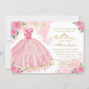 Quinceanera Invitation Bilingue Hot Pink Gown