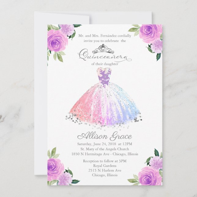 Quinceanera Invitation Bilingue Pastel Couleurs (Devant)