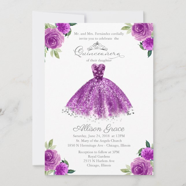 Quinceanera Invitation Bilingue Purple Blush Gown (Devant)