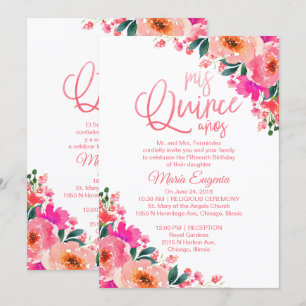 Quinceanera Invitation Bilingue Rose Chaud Floral