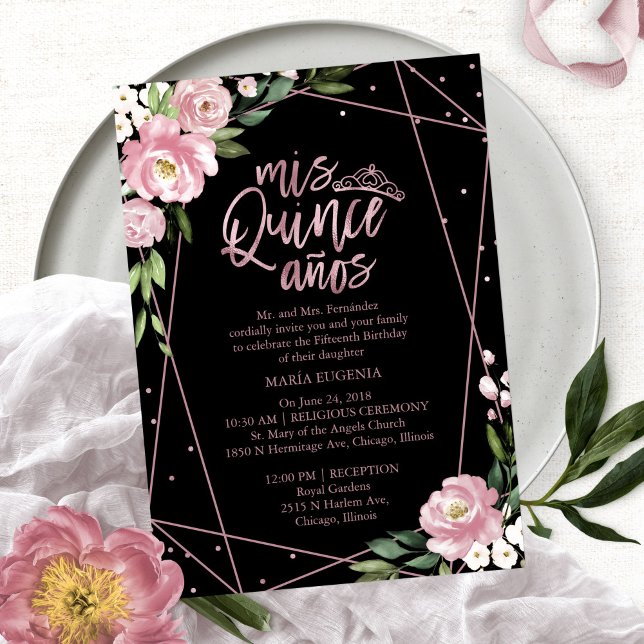 Quinceanera Invitation Bilingue Rose Noir (Créateur téléchargé)