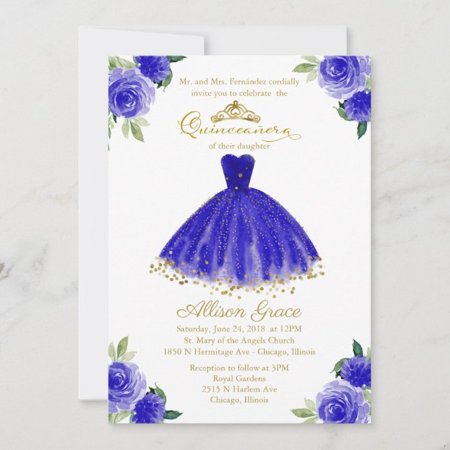 Quinceanera Invitation Bilingue Royal Blue Gown (Devant)
