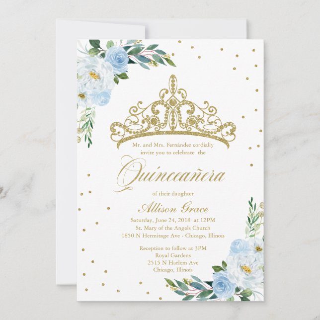 Quinceanera Invitation Bilingue Tiara Baby Blue (Devant)