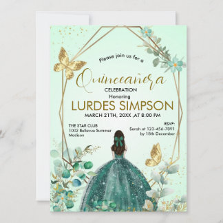  Quinceañera invitation Butterfly Green & Gold