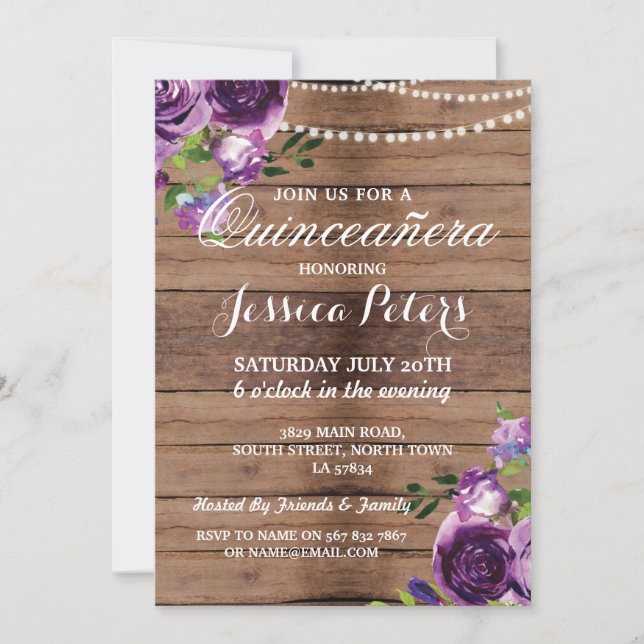 Quinceanera Invitation des fleurs de bois mauve 15 (Devant)