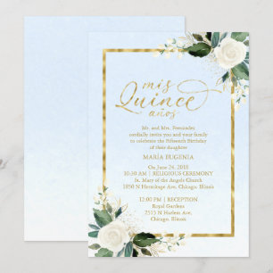 Quinceanera Invitation Dusty Blue Gold Foil Floral