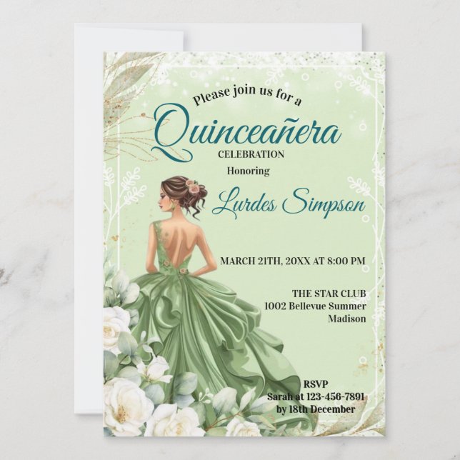  Quinceañera invitation Elegant Green (Devant)