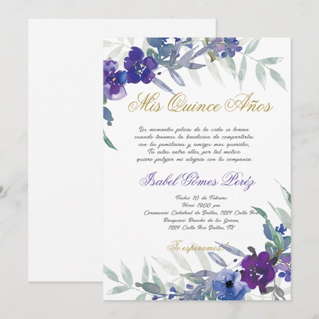Quinceanera invitation en espagnol (Devant / Derrière)