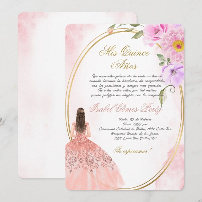 Quinceanera invitation en espagnol (Devant / Derrière)