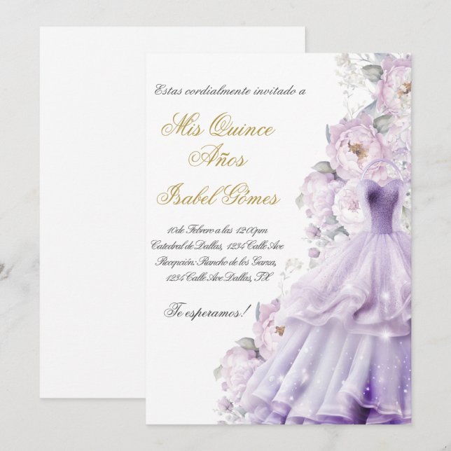 Quinceanera invitation en espagnol con vestido (Devant / Derrière)