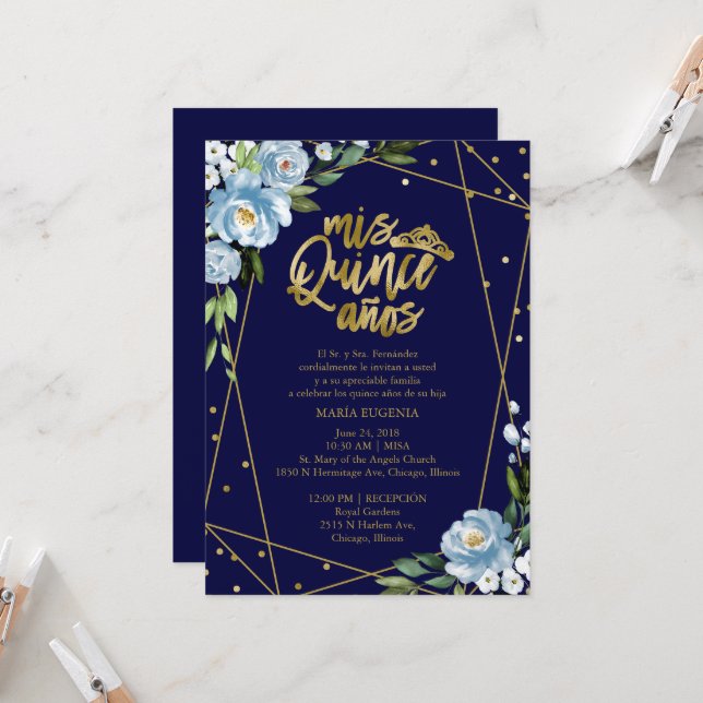 Quinceanera Invitation Espagnol Bleu foncé Or huil (Devant/Arrière en situation)