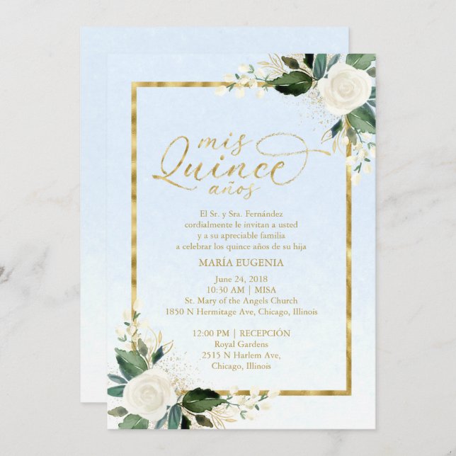 Quinceanera Invitation Espagnol Blue Gold Foil (Devant / Derrière)