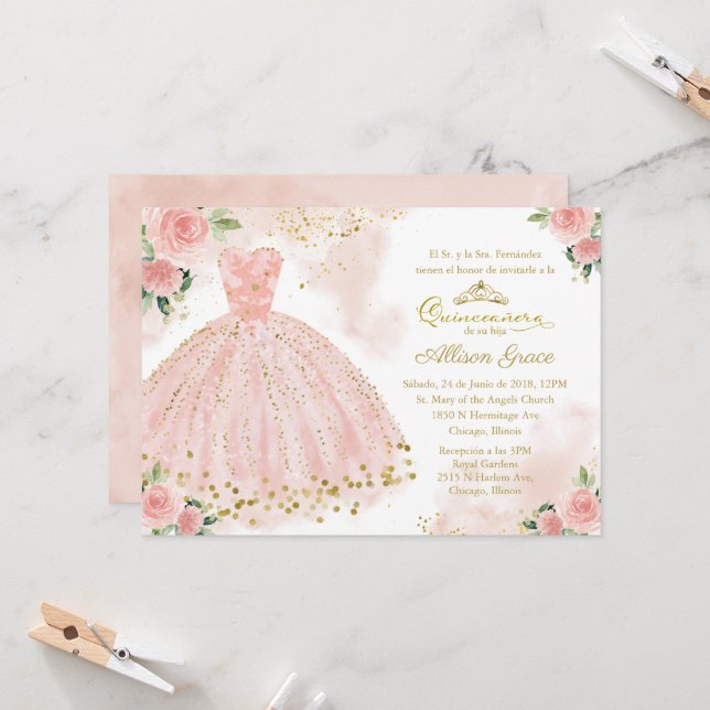 Quinceanera Invitation Espagnol Blush Gold Foil (Devant/Arrière en situation)