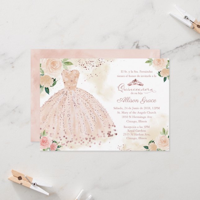 Quinceanera Invitation Espagnol Blush Rose Or (Devant/Arrière en situation)