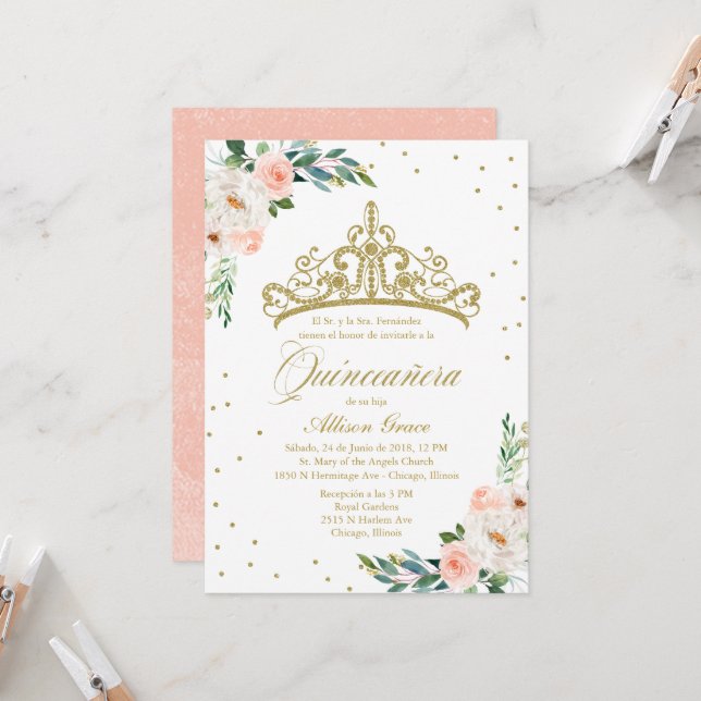 Quinceanera Invitation Espagnol Gold Tiara Blush (Devant/Arrière en situation)