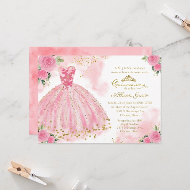 Quinceanera Invitation Espagnol Hot rose Or (Devant/Arrière en situation)