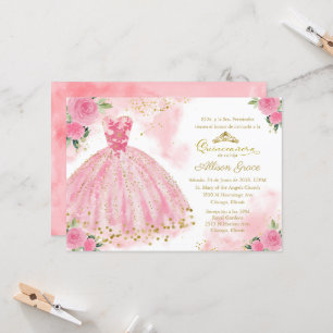 Quinceanera Invitation Espagnol Hot rose Or