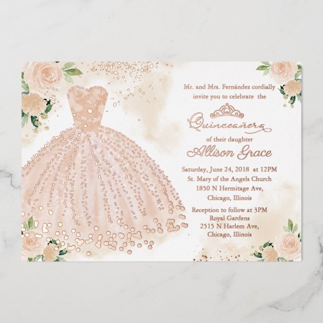 Quinceanera Invitation Floral Blush Gown or Rose (Recto)