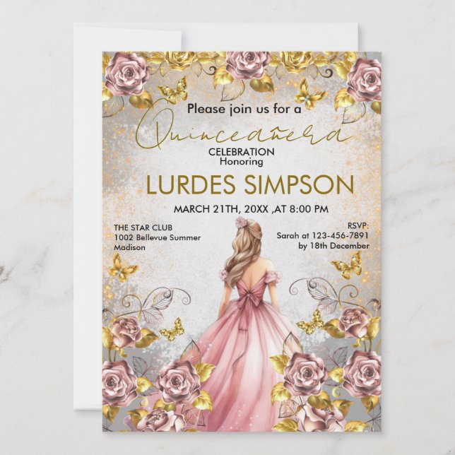  Quinceañera invitation Floral Gold (Devant)