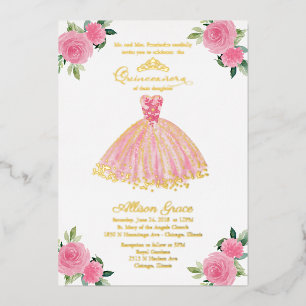 Quinceanera Invitation Floral Hot rose Gown