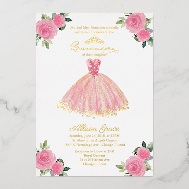 Quinceanera Invitation Floral Hot rose Gown (Recto)
