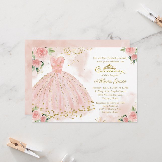 Quinceanera Invitation Gold Foil Rose Blush Gown (Devant/Arrière en situation)