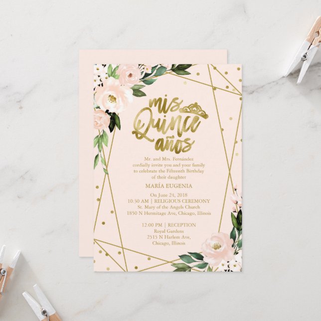 Quinceanera Invitation Or Pétrole Rose Blush Flora (Devant/Arrière en situation)