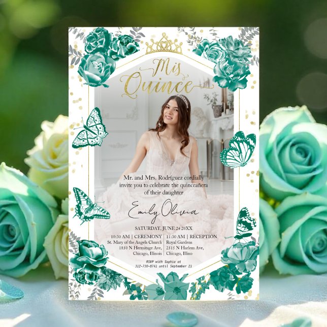 Quinceanera Invitation photo Emerald Green Floral (Créateur téléchargé)