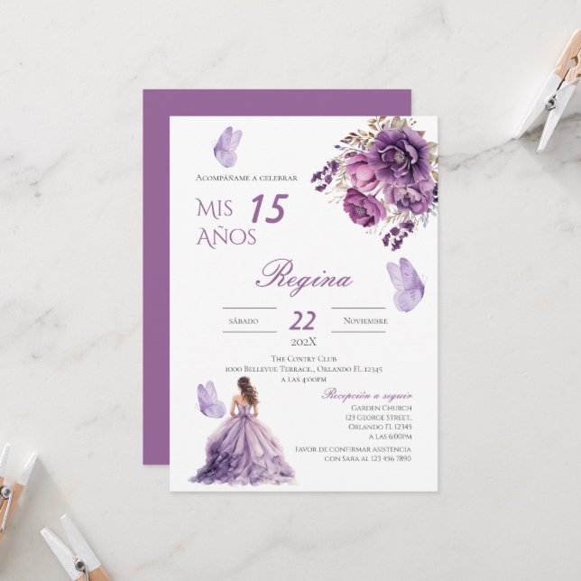 Quinceañera Invitation pour les fleurs violettes (Devant/Arrière en situation)
