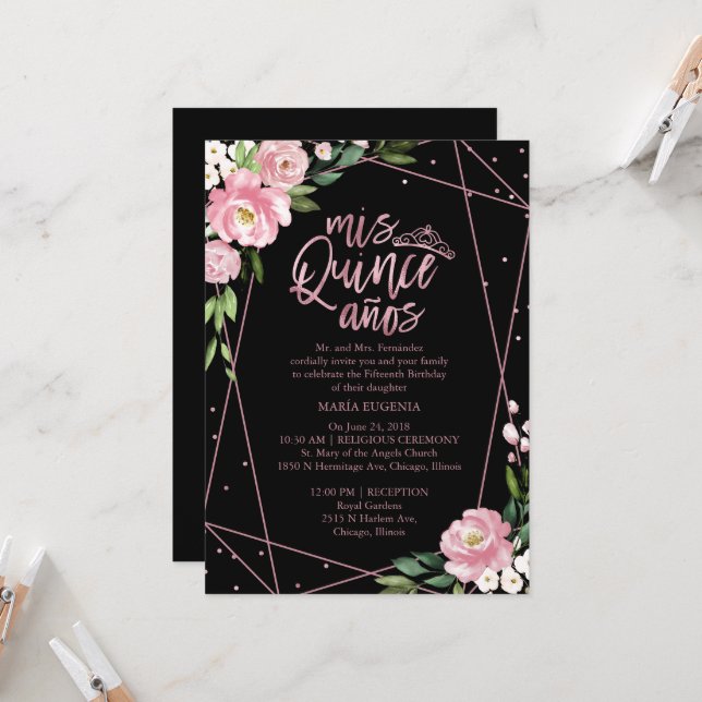 Quinceanera Invitation Rose Gold Foil rose Floral (Devant/Arrière en situation)