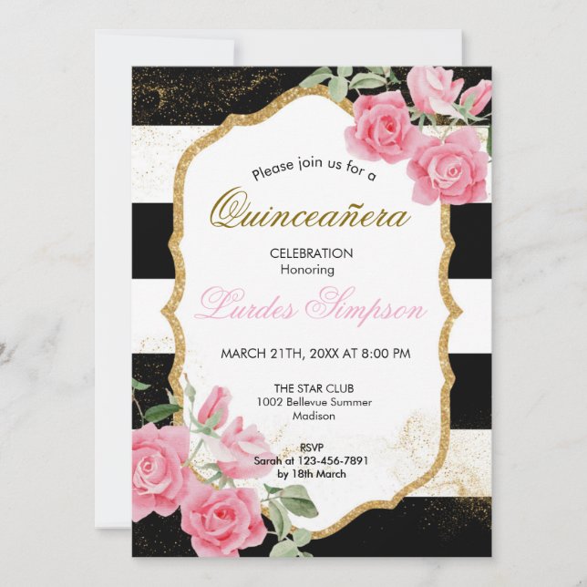  Quinceañera invitation Stripe Floral (Devant)