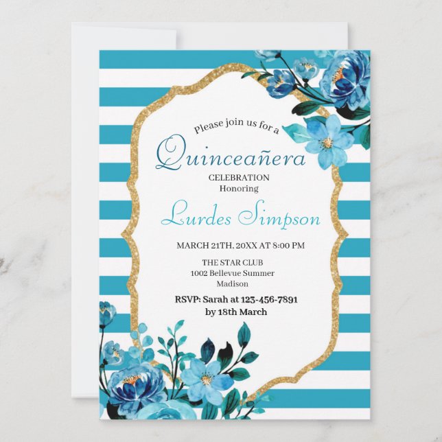  Quinceañera invitation Stripe Floral Blue (Devant)
