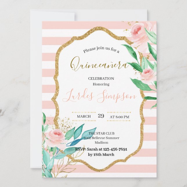  Quinceañera invitation Stripe Floral Pink (Devant)