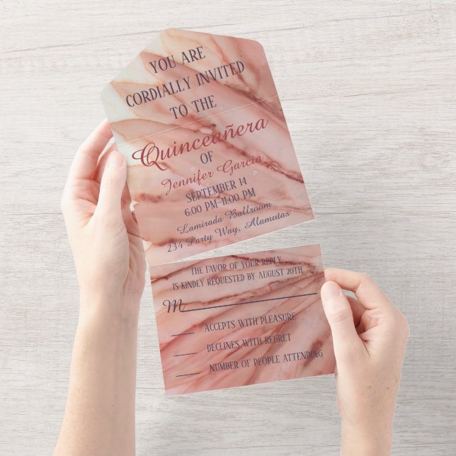 Quinceañera Invitation Tout en Une Rose Élégant (Déchirure)