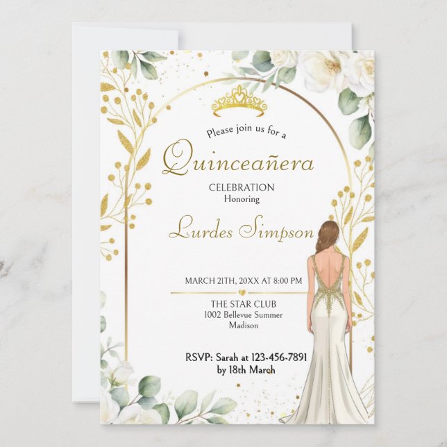  Quinceañera invitation White Floral  (Devant)