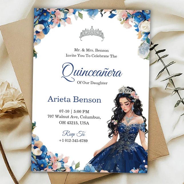 Quinceañera invitation with blue floral accents (Créateur téléchargé)