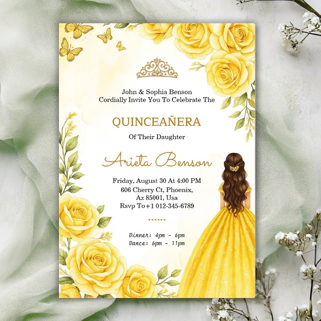 Quinceañera invitation with elegant yellow roses  (Créateur téléchargé)