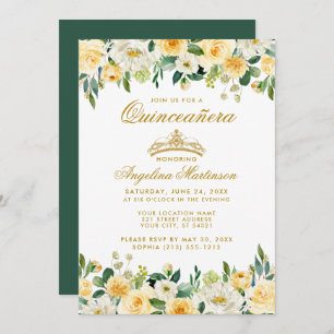 Quinceanera Jaune Or Vert Floral Invitation