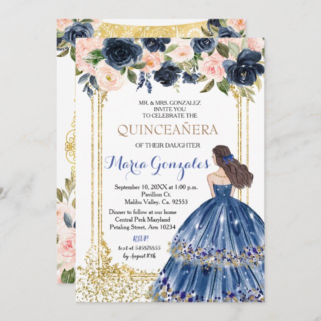 Quinceanera Marine Fleurs Bleues Invitation Or (Devant / Derrière)