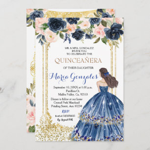 Quinceanera Marine Fleurs Bleues Invitation Or