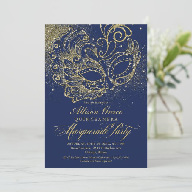 Quinceanera Masquerade Invitation Marine Blue Gold (Debout devant)