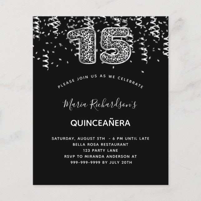 Quinceanera noir argent leopard invitation budgéta (Devant)
