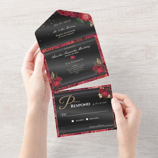Quinceañera noire et rouge Invitations abordables (Déchirure)