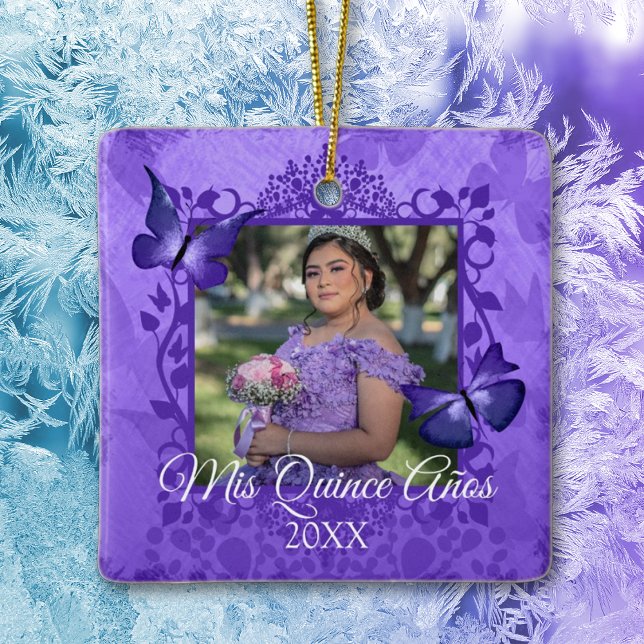 Quinceanera papillon pourpre Ornement personnalisé (purple quinceanera tree ornament christmas keepsake 15 15th fifteenth photo fancy purple frame)