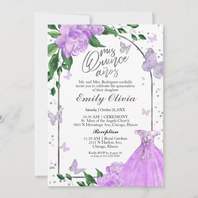 Quinceanera Papillons Lavender Gown Invitation (Devant)